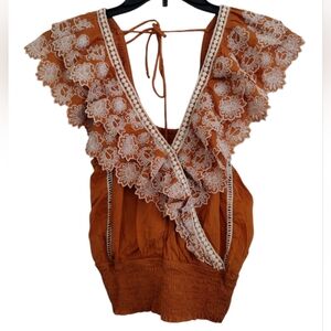 Anthropologie Embroidered Mustard Yellow Orange Top Ruffle Sleeves Size Small